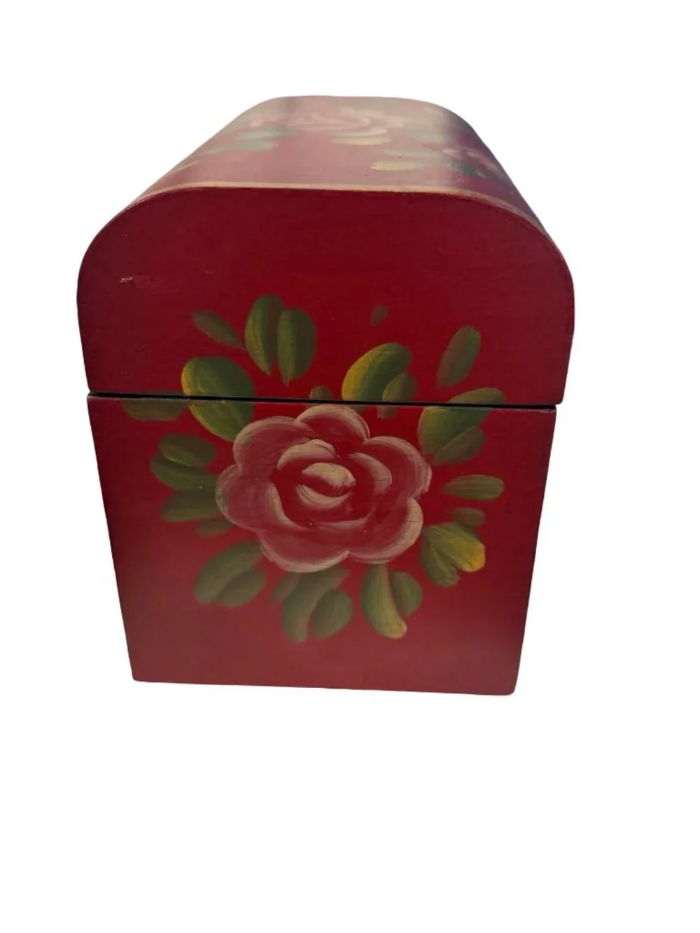 Vintage Hand Painted Floral Wooden Treasure Chest Jewelry Box Red Roses Emrad Cr